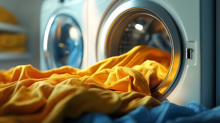 Brightly colored laundry spilling from a modern washing machine in a laundry room filled with neatly folded clothes
