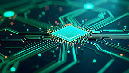 Close-up view of a modern microchip featuring glowing green circuitry, symbolizing innovation in technology and electronics. Ideal for tech-related topics.