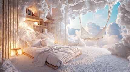 This enchanting cloud house presents a multi-layered dreamscape, innovatively blending cozy bedroom elements with whimsical cloud 