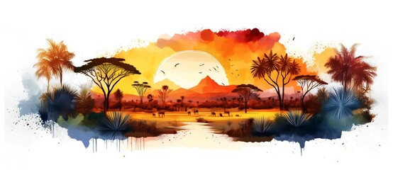 Afrikanische Safari Landschaft Wasserfarben Kunst