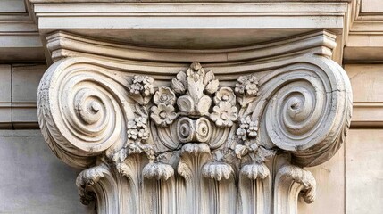 Naklejka premium Close-up of architectural details on a historic building, showcasing intricate stone carvings and ornate designs.