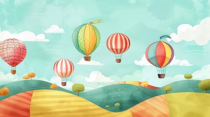 Fototapeta premium whimsical hot air balloons floating over colorful patchwork landscape childrens book illustration