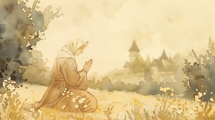 Old woman Nun praying in medieval landscape with mystical cathedral church in distance, watercolor illustration
