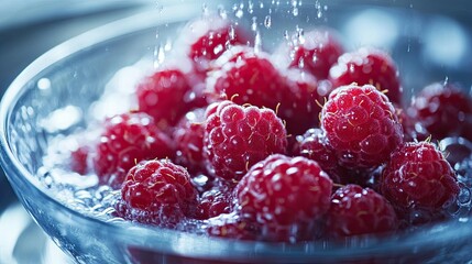 Close-up of freshly washed raspberries in a bowl, ready to be eaten.