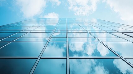 Fototapeta premium Close-up of glass and steel facade of a contemporary office building reflecting the sky.