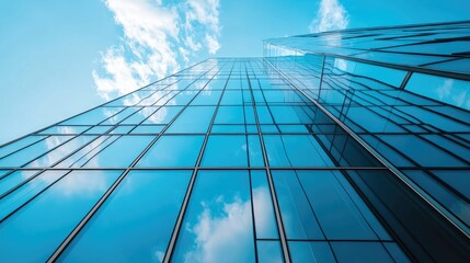 Obraz premium Close-up of glass and steel facade of a contemporary office building reflecting the sky.