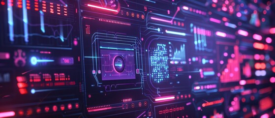 Obraz premium Futuristic digital interface with vibrant neon colors, perfect for technology and innovation themes in modern design.