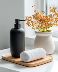Elegant bathroom setup featuring a black bottle, towel, and floral arrangement on a wooden tray for a serene atmosphere.