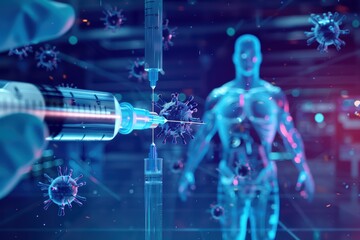 Fototapeta premium Futuristic injection concept illustrating vaccinations, medical technology, and virus interaction in a vibrant, digital environment.
