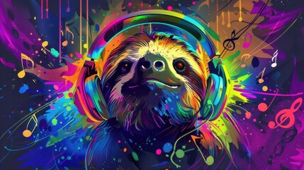whimsical illustration of grinning sloth wearing neon headphones surrounded by musical notes and rainbow swirls