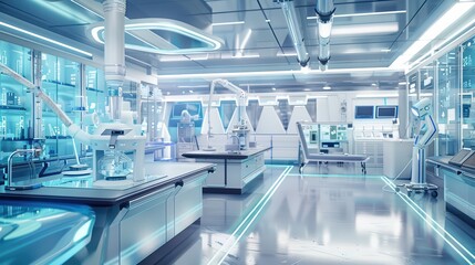 Naklejka premium Futuristic laboratory interior featuring high-tech equipment and advanced technology, ideal for medical and scientific concepts.