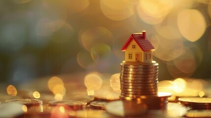 whimsical miniature house perched atop gleaming coin stack soft focus background warm lighting emphasizing financial growth concept