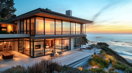 Obraz premium Contemporary beach house with large windows and a deck overlooking the ocean.