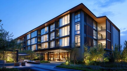 Contemporary hotel building with a sleek design and large glass windows.