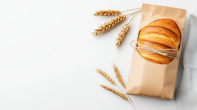 Freshly baked bread wrapped in paper with wheat ears, perfect for showcasing artisanal products and bakery themes.