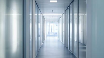 Empty office corridor with modern decor and natural light, symbolizing the quiet focus of a business environment.