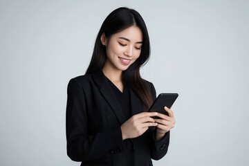 Fototapeta premium Smiling young adult Asian business woman wearing black suit standing on isolated white background using applications on cell phone gadget, reading news on smartphone, with generative ai