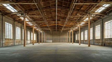 Fototapeta premium Empty warehouse interior with exposed beams and large open spaces, ready for new development.