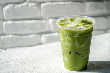 Iced matcha latte with ice cubes in clear cup placed on white surface against white brick background