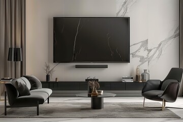 Stylish living room featuring modern furniture, sleek television, and elegant decor in a minimalist design.