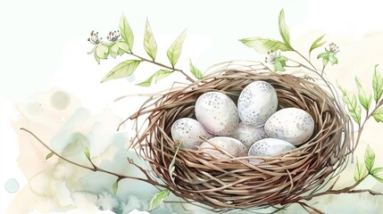 Obraz premium whimsical watercolor illustration of a cozy birds nest with delicate eggs natureinspired art