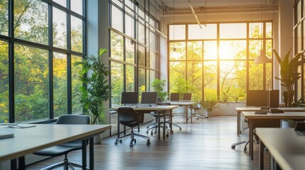 Empty workspace with modern furniture and large windows, symbolizing the potential of a new business day.