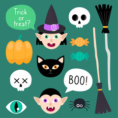 Collection of magical Halloween illustrations on a dark green background. Cute cartoon elements for Halloween design. Witch, black cat, vampire, pumpkin, skull, broom, spider, candy.