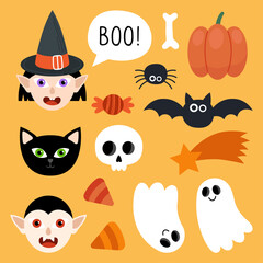 Collection of magical Halloween illustrations on an orange background. Cute cartoon elements for Halloween design. Witch, black cat, vampire, ghost, bat, skull, pumpkin, spider, candy.