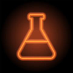 Flask simple icon vector. Flat design. Orange neon on black background