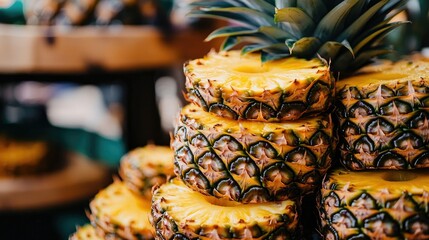 Fototapeta premium Freshly cut pineapple rings stacked on top of each other, revealing their juicy and sweet interior.