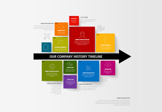 Multipurpose colorful mosaic infographic timeline template made from squares and big arrow