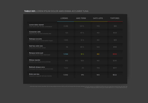 Simple dark flat color data table layout template with light shadows