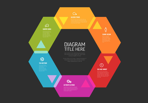 Color cycle infographic template made from six hexagons with arrows on dark background