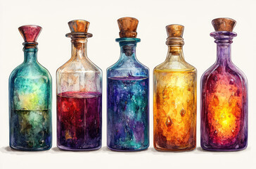 A Series of Potion Bottles in Various Shapes and Sizes for a Magical Fantasy Display