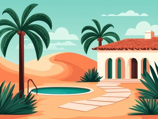 Obraz premium A white house with a red roof, palm trees, and a pool in a desert setting.