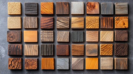 Fototapeta premium Overhead shot of coarse pine wood swatches, arranged in a circular pattern, showcasing the natural variation in rustic textures and hues