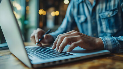 Close-Up Photo: Hands Typing and Writing on Laptop in Cafe