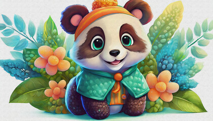 Fototapeta premium oil painting styleCARTOON CHARACTER CUTE BABY panda isolated on white background, top view. side front view 