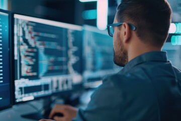 software developer working on multiple monitors, writing code in a dimly lit office setting. Focused on programming and coding tasks.