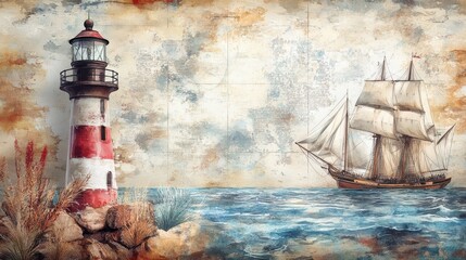 Nautical Adventure Exploration with Spyglass, Compass and Lighthouse Watercolor Illustration Set, Copy Space for Text