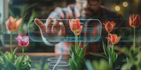 Man Interacting with Virtual Interface in a Garden, Surrounded by Colorful Flowers