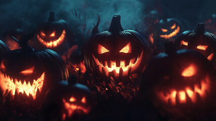 Fototapeta premium A group of pumpkins with their mouths wide open, creating a spooky