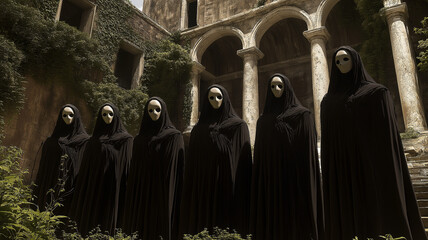 Four people wearing hooded robes with masks on their faces