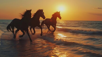 wild horses galloping on beach at sunset majestic freedom and untamed spirit cinematic seascape