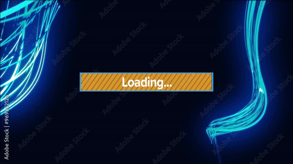 Poster animation of loading text and digital data processing over light trails on black background