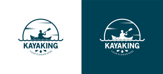 Kayaking sport logo, vector illustration of a man rowing a boat with a natural ocean feel