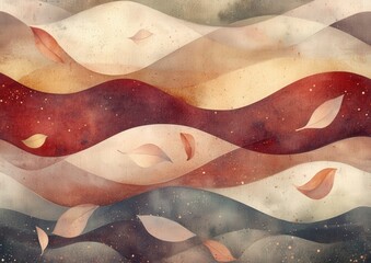 Obraz premium Abstract artistic representation of flowing waves with soft leaves, showcasing earthy tones and gentle movement in a tranquil setting