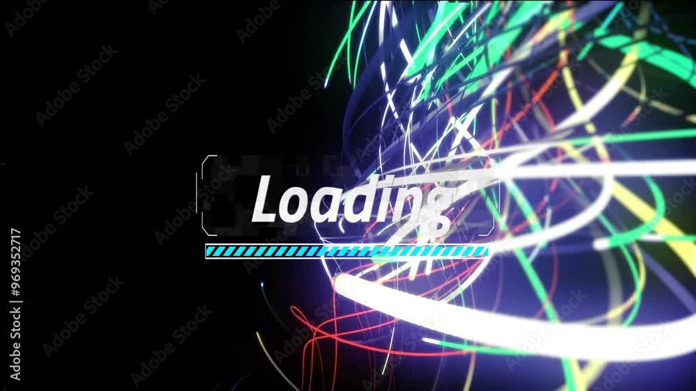 Poster animation of loading text and digital data processing over light trails on black background
