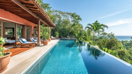 Luxury villa with a private pool, surrounded by tropical plants and stunning views.