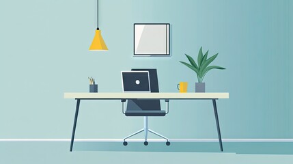 Minimalist office space with a desk, chair, and a laptop, ready for a day of work, no one around.